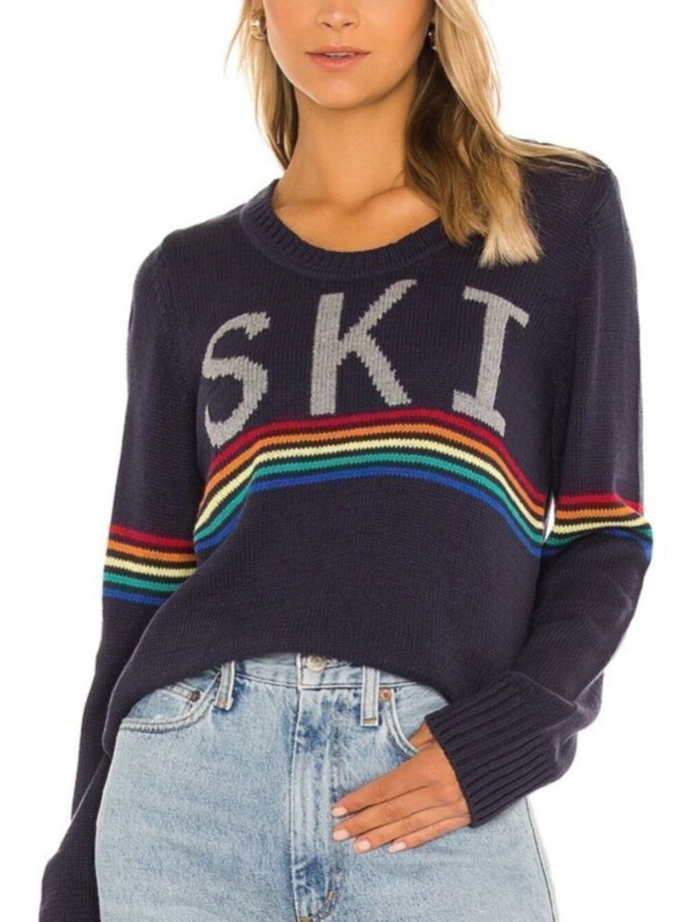 Chaser Ski Bunny Knit Sweater in Avalon Blue & Stripes Size S